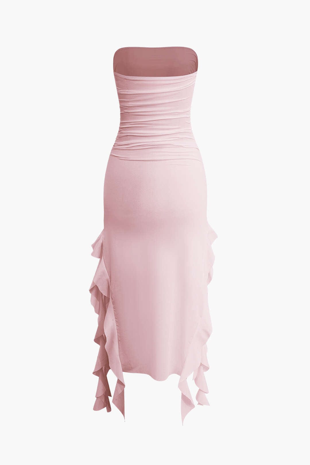 Trendy women's strapless bodycon midi dress with stylish fringe hem for parties.
