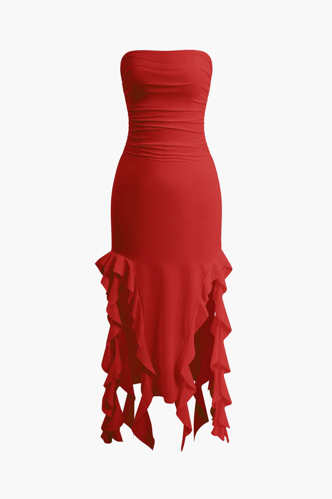 Glamorous women's strapless midi bodycon dress, fringe hem, perfect evening wear.