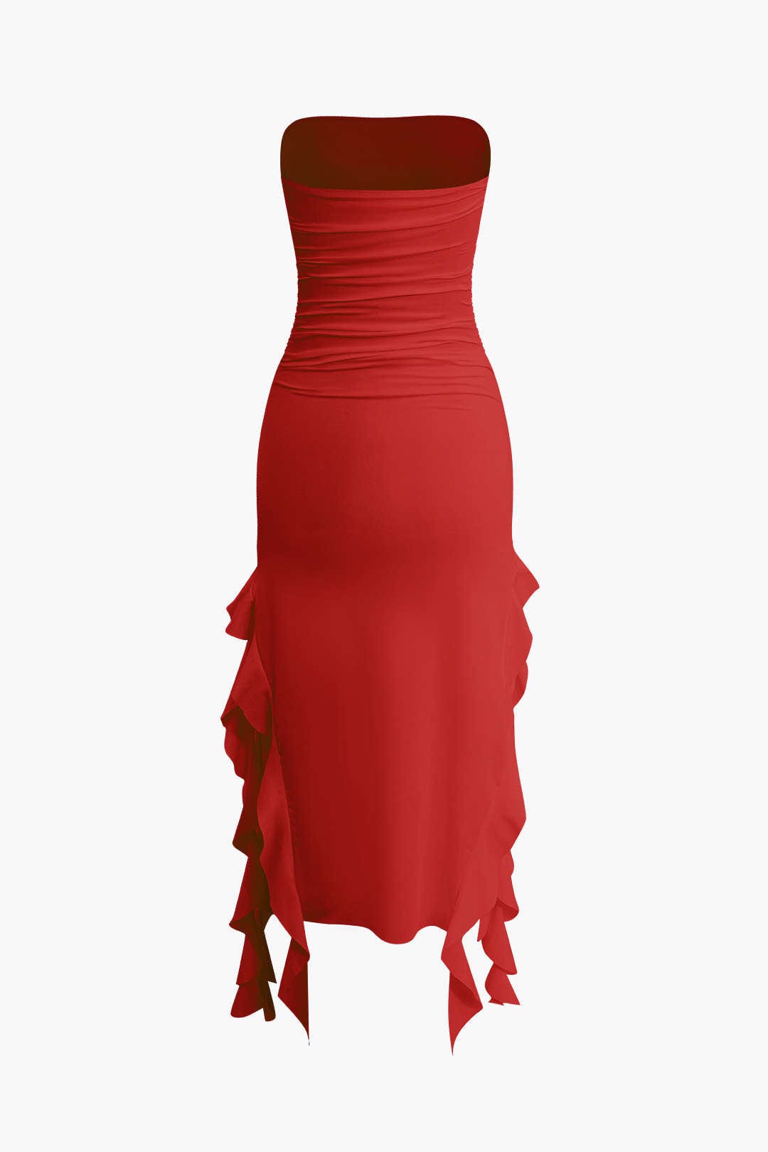 Women's strapless party dress, bodycon midi with a chic fringe hem and flattering fit.