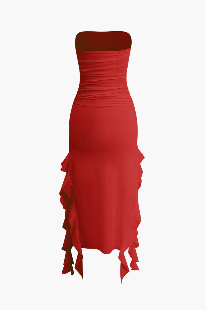 Women's strapless party dress, bodycon midi with a chic fringe hem and flattering fit.