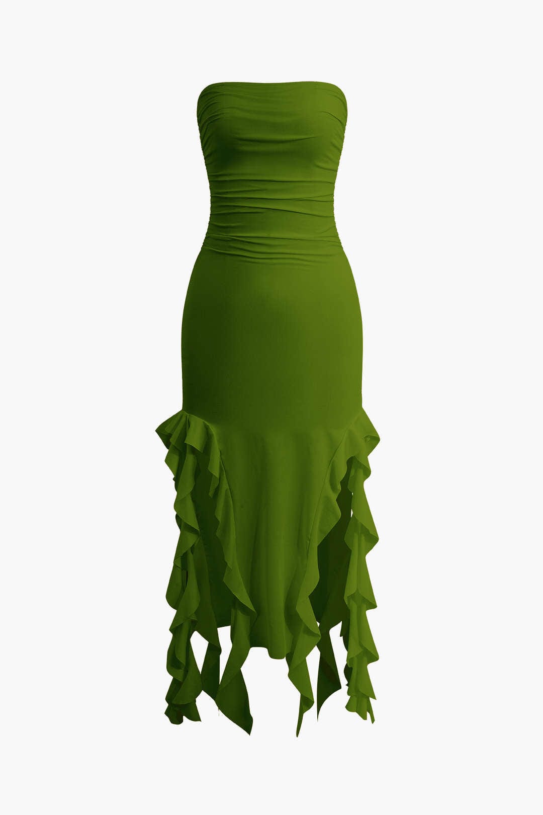 Special occasion women's strapless fringe hem bodycon midi dress, elegant fashion.