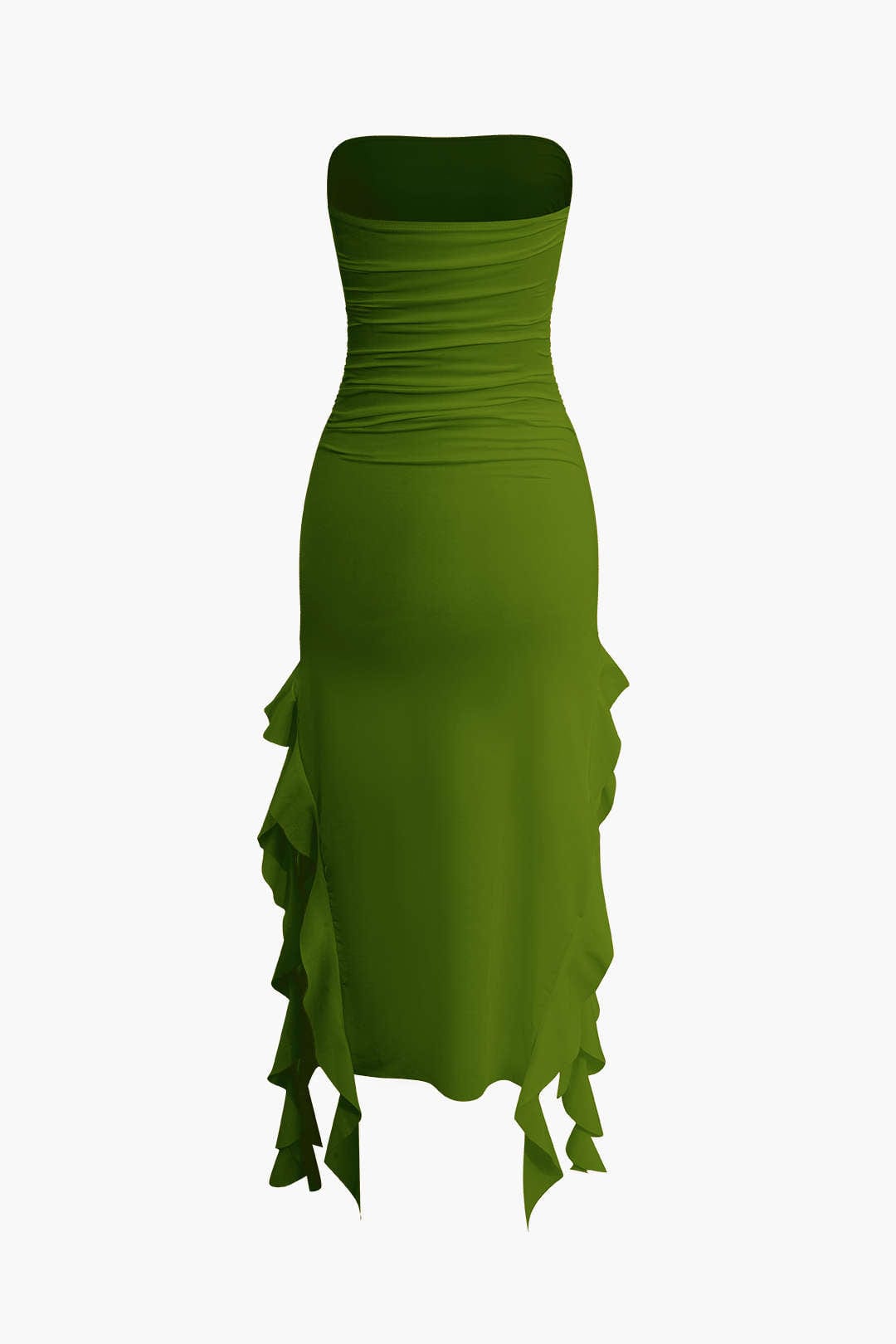 Ladies' strapless bodycon midi dress, fringe hem, perfect for cocktail parties.