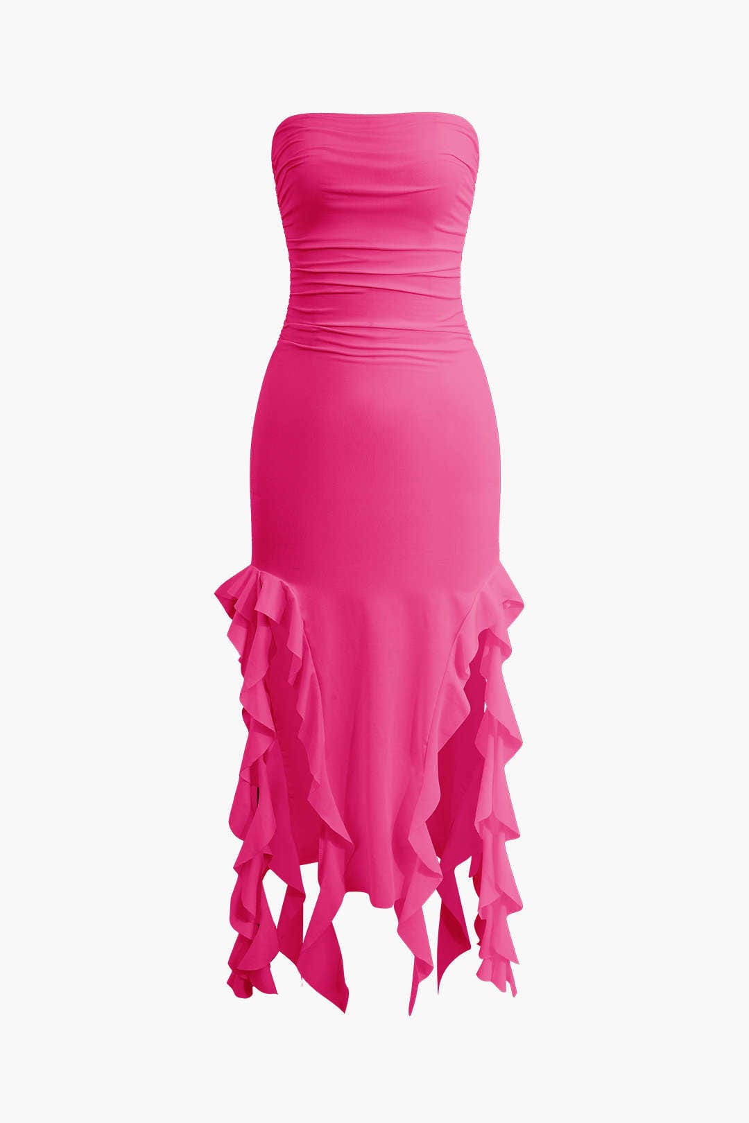 Elegant women's strapless midi bodycon with fringe hem, great for evening events.