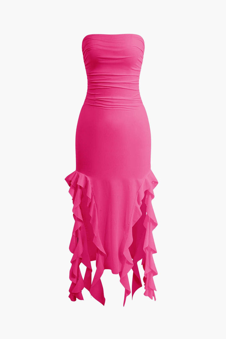 Elegant women's strapless midi bodycon with fringe hem, great for evening events.