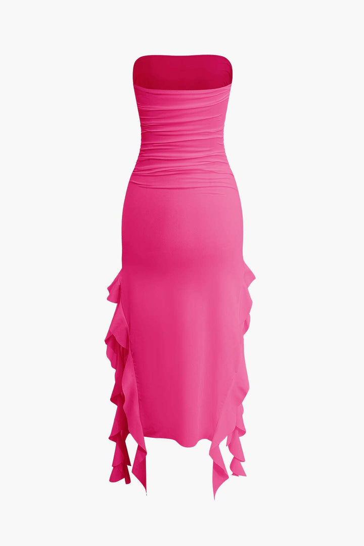 Trendy women's strapless fringe bodycon midi, stylish party & evening dress.