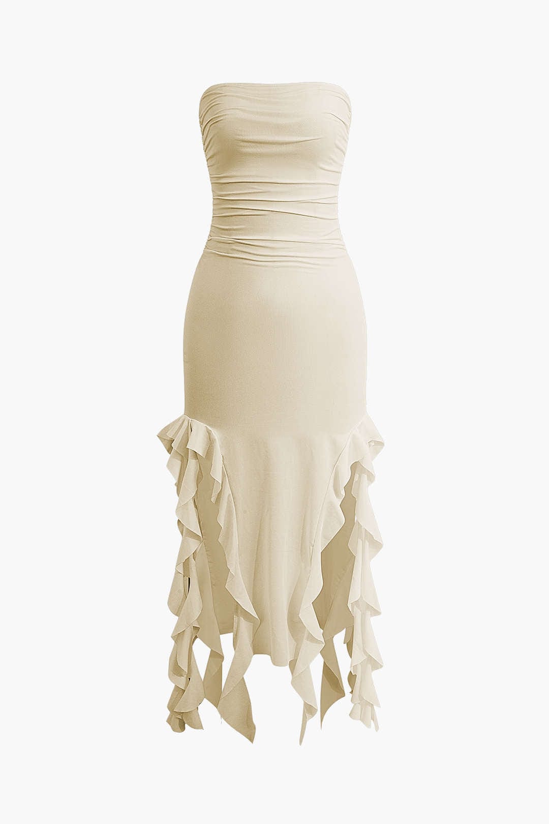 Glamorous women's strapless bodycon midi dress, statement fringe hem for events.