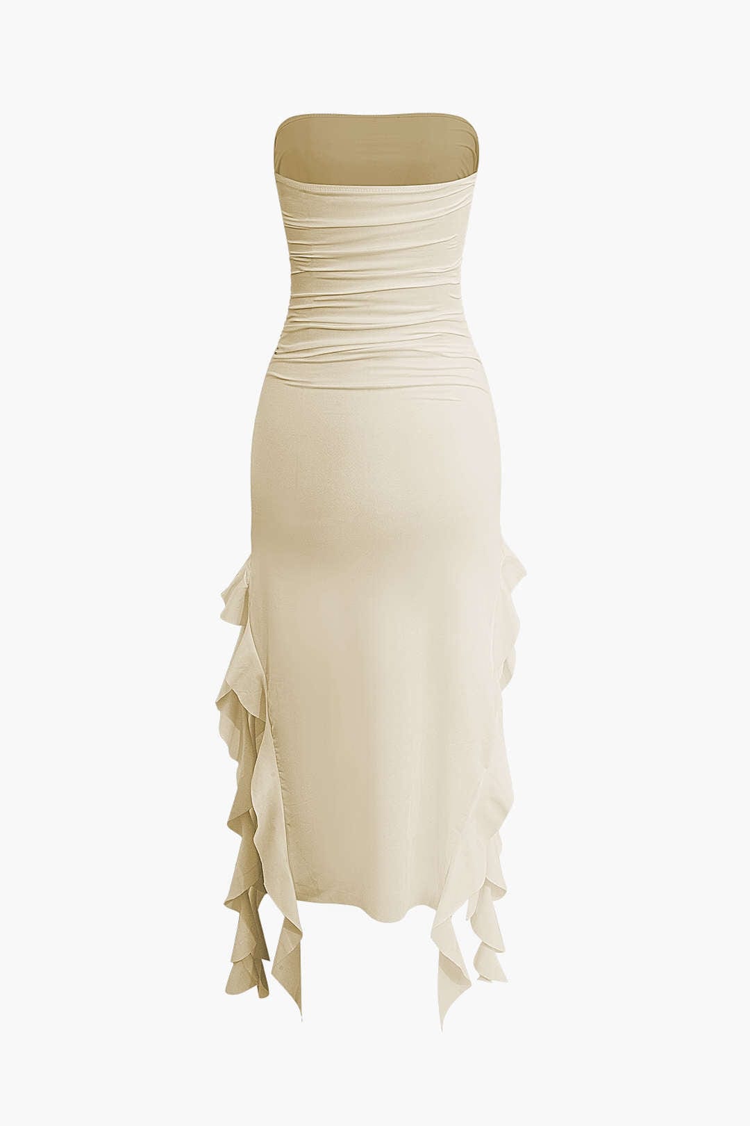 Women's strapless fringe trim bodycon midi dress, perfect for elegant parties.