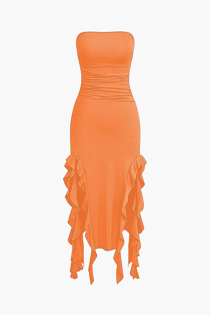 Fashion-forward women's strapless bodycon midi, fringe hem, special occasion.