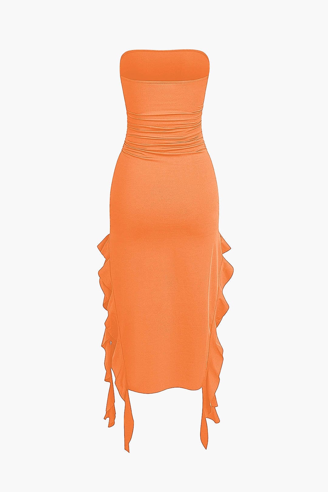 Stylish women's strapless fringe hem midi dress, bodycon fit, evening wear.