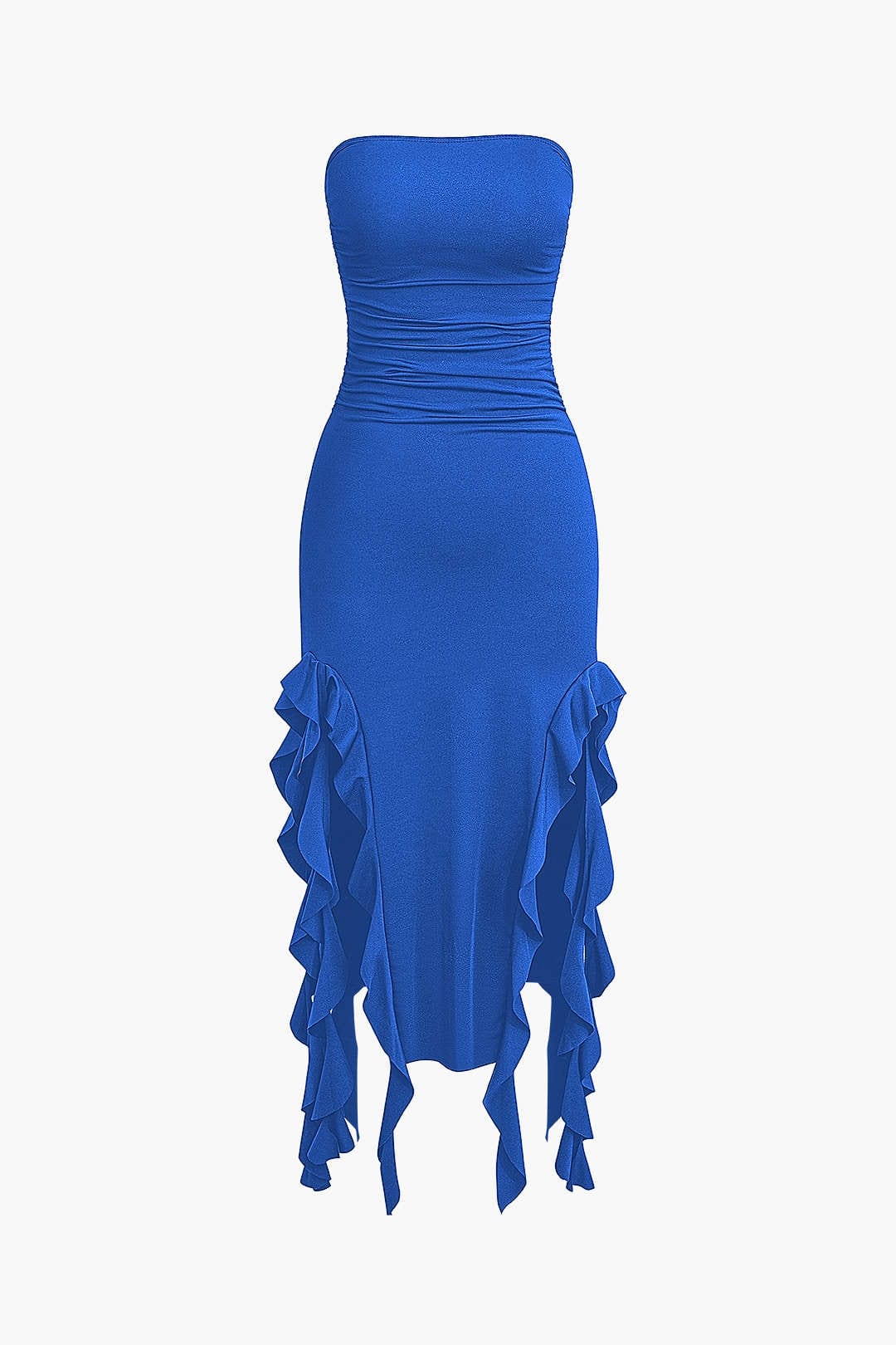 Elegant women's strapless bodycon midi, fringe detail, perfect for cocktail attire.