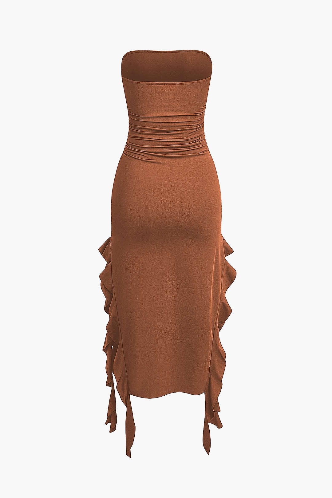 Strapless elegant women's bodycon midi dress, featuring a chic fringe hem for events.