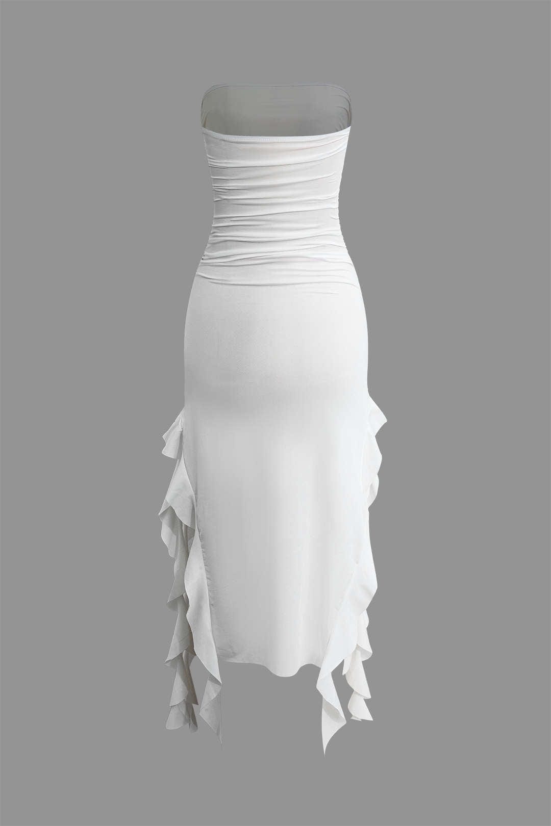 Strapless bodycon midi dress for women, featuring a stylish fringe hem design.