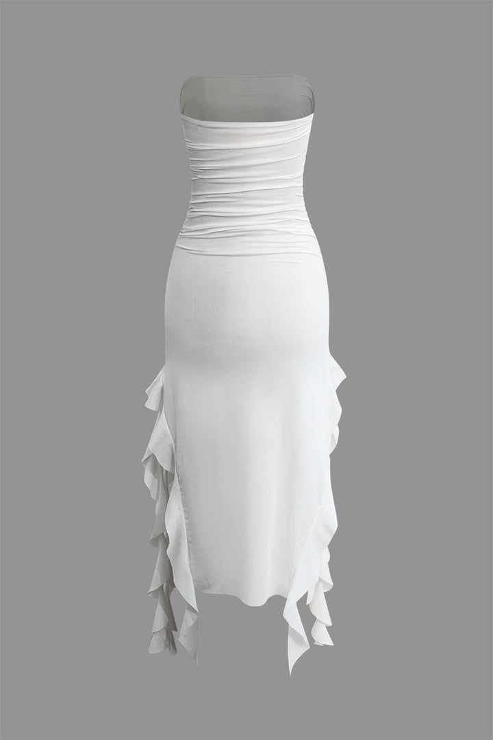 Strapless bodycon midi dress for women, featuring a stylish fringe hem design.