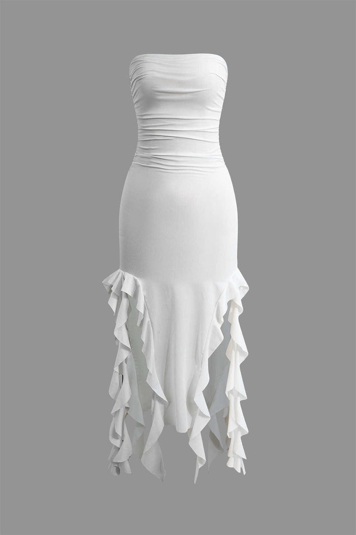Trendy women's strapless midi dress, bodycon fit with an elegant fringe hem detail.
