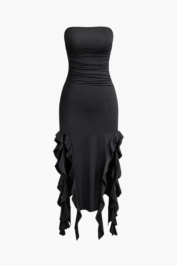 Cocktail attire: women's elegant strapless fringe hem bodycon midi dress.