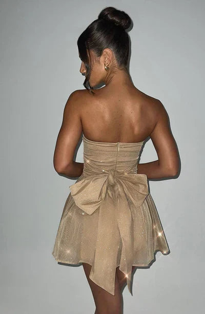 Sparkling strapless A-line mini dress for women, ideal as a party or cocktail dress with glitter.