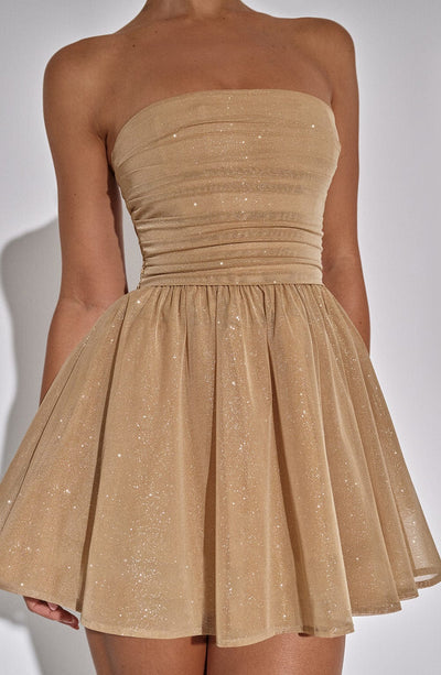 Elegant women's glitter mini dress, strapless A-line cut, perfect for parties, celebrations & evening wear.