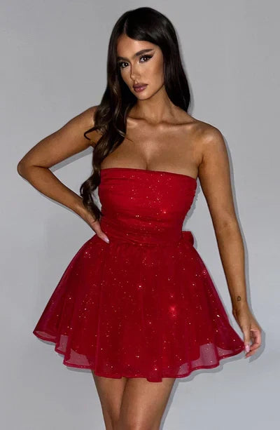 Shimmering women's strapless glitter mini dress, A-line style, a perfect party or cocktail outfit.