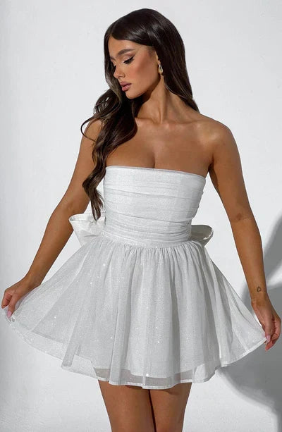 Dazzling women's strapless A-line mini dress with glitter, a chic choice for any party or celebration.