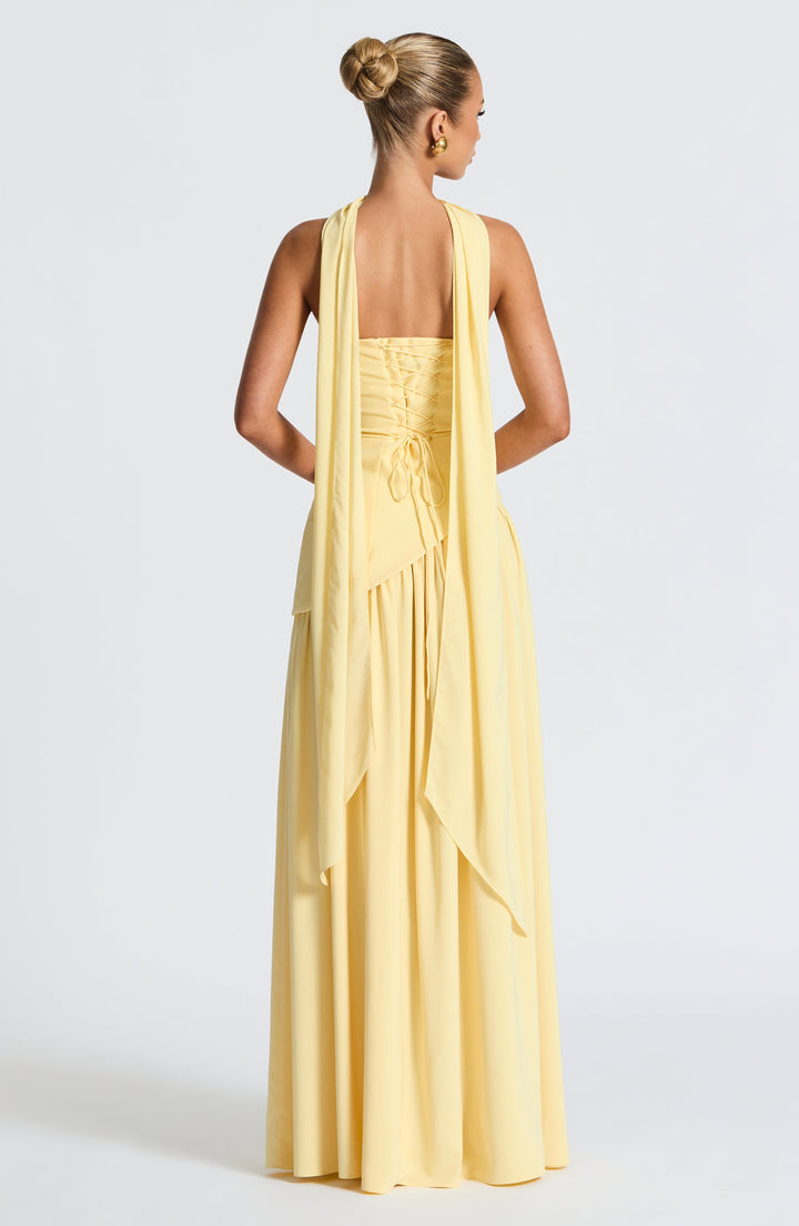 Women's evening wear: strapless maxi dress with a unique asymmetric waist