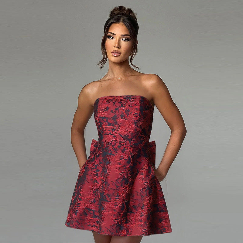 Special occasion women's dress. Strapless, flared A-line mini, designed for parties & formal gatherings.