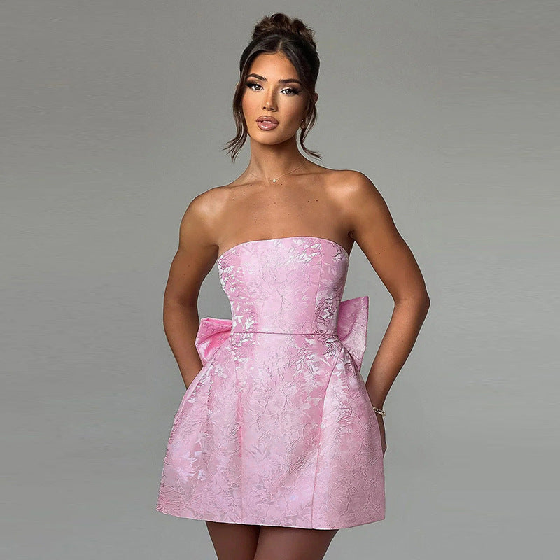 Chic strapless mini dress for women. This flared A-line party dress is perfect for evening events.