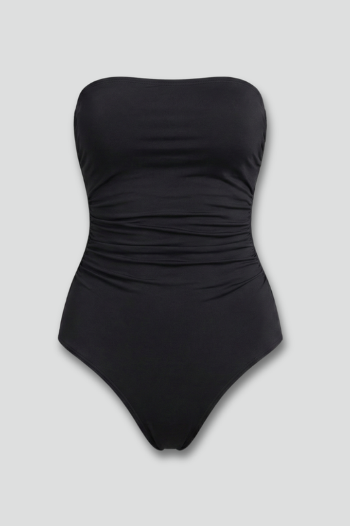 Women's strapless ruched one-piece swimsuit, chic beachwear for summer vacation. Flattering style for effortless elegance.
