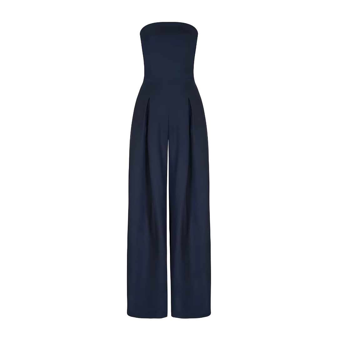 Elegant women's strapless wide leg jumpsuit, perfect for evening wear or a dressy party outfit.