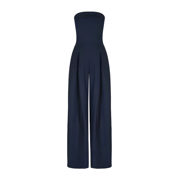 Elegant women's strapless wide leg jumpsuit, perfect for evening wear or a dressy party outfit.