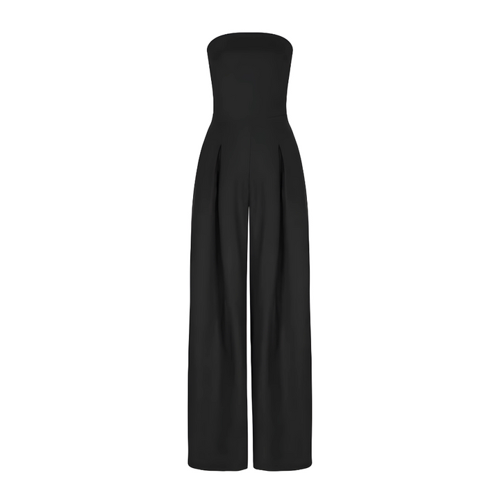 Versatile women's strapless wide leg jumpsuit with pockets, ideal for both casual elegant and dressy occasions.