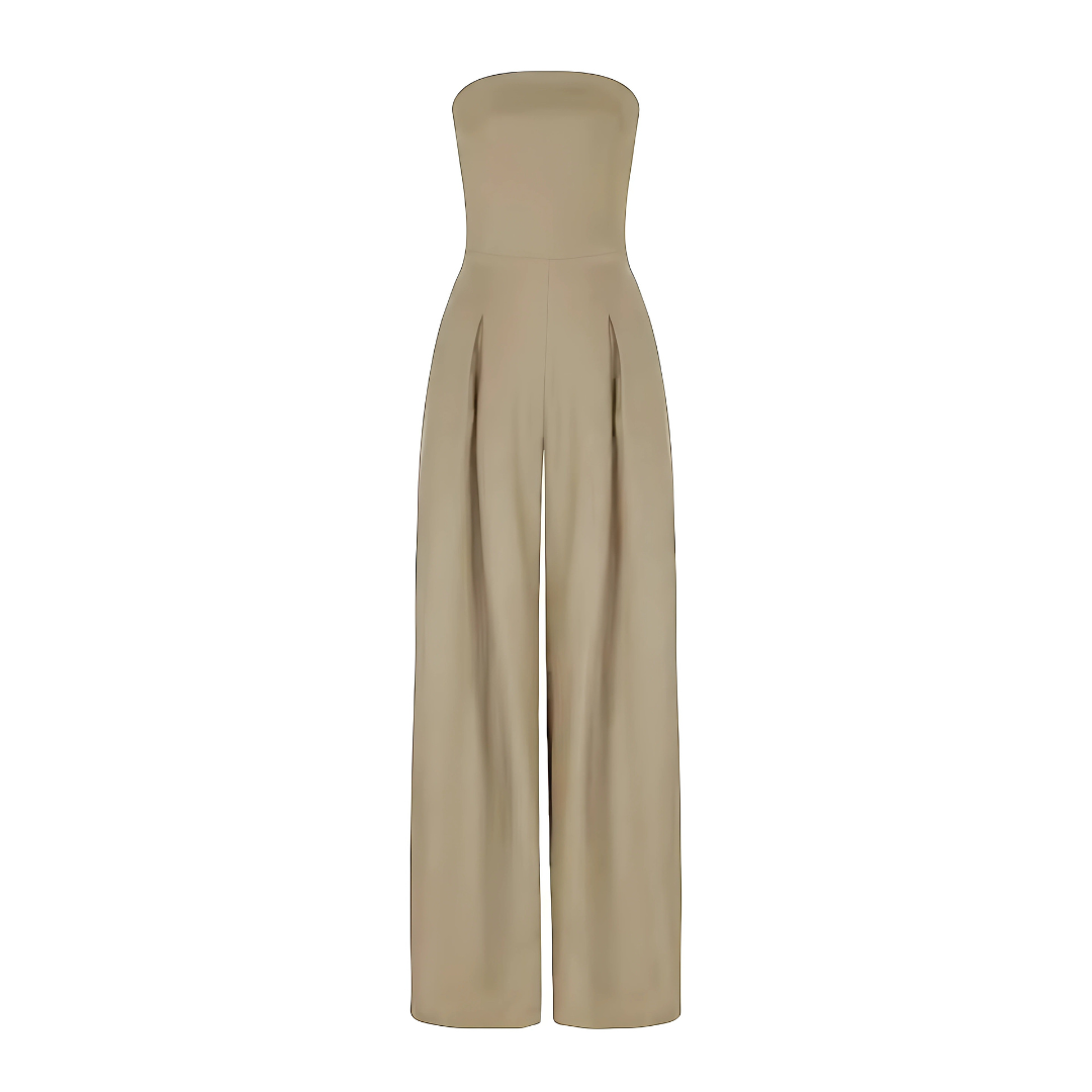 High-waisted women's strapless wide leg jumpsuit, designed with functional pockets for a modern party outfit.