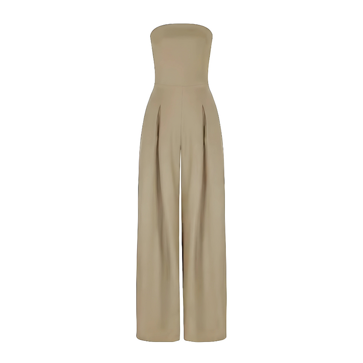 High-waisted women's strapless wide leg jumpsuit, designed with functional pockets for a modern party outfit.