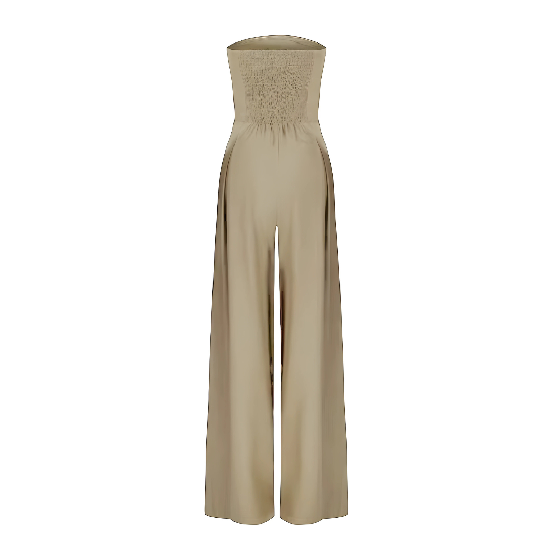 Gorgeous women's strapless wide leg jumpsuit, offering a dressy yet casual elegant look with convenient pockets.