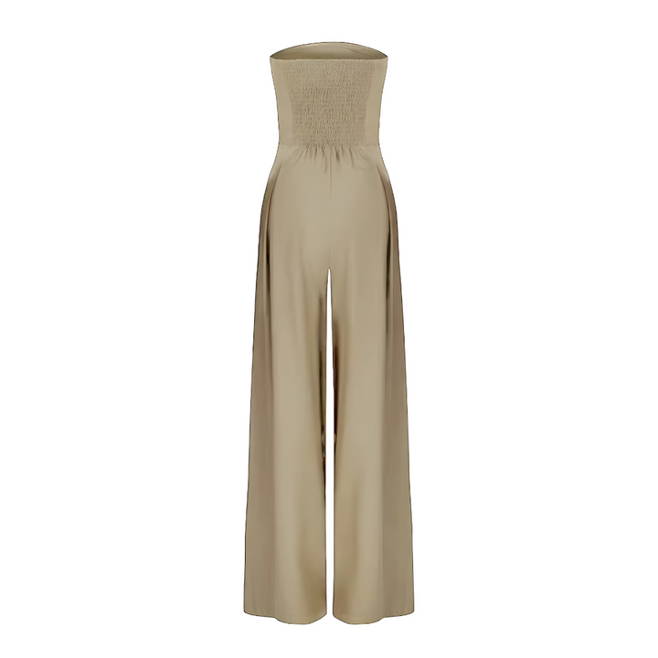 Gorgeous women's strapless wide leg jumpsuit, offering a dressy yet casual elegant look with convenient pockets.