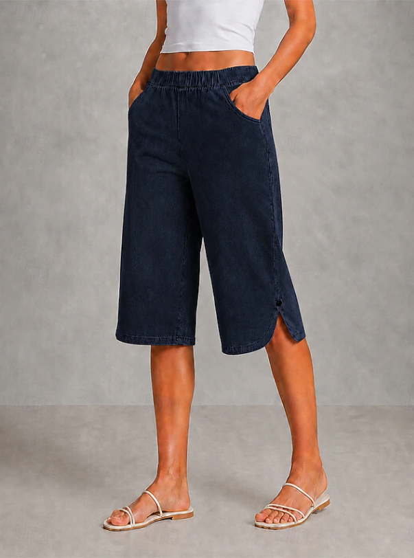 Stylish women's wide leg stretch capri pants; ideal for spring & summer fashion or versatile travel outfits.