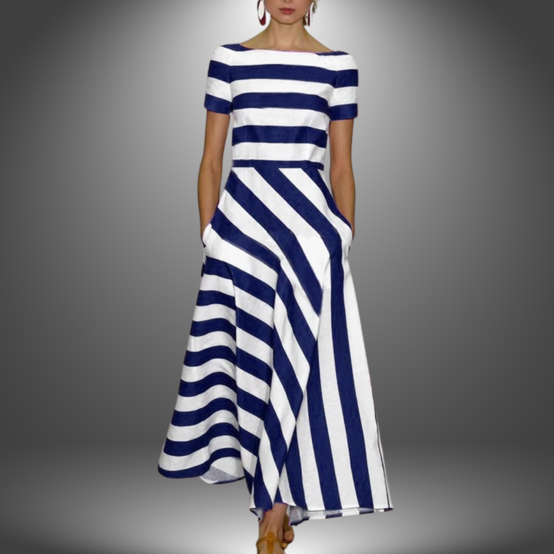 Versatile women's striped midi A-line dress with a chic boat neck and convenient pockets for everyday fashion.
