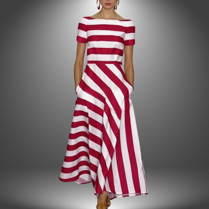 Women's striped asymmetrical midi dress with short sleeves and boat neck. Elegant, fashionable summer casual wear.