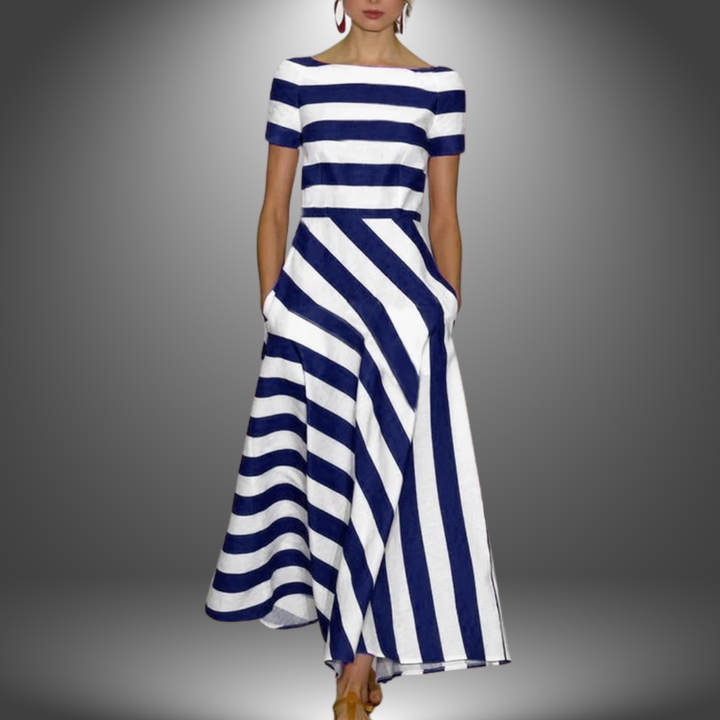 Fashionable women's short sleeve boat neck midi dress with a stylish striped pattern & asymmetrical hem. Everyday casual.