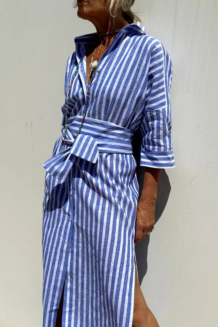 Stylish women's striped button-down midi dress. A collared shirt dress perfect for summer & warm weather comfort.