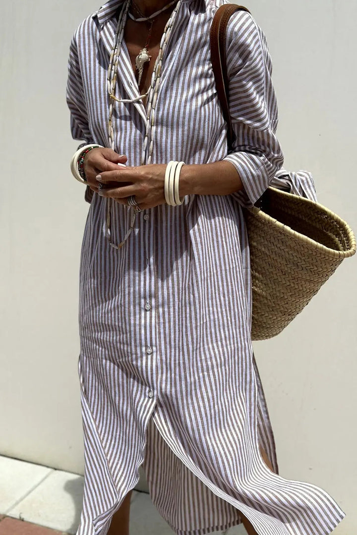Women's collared striped midi shirt dress. Features button-down front, perfect for casual, versatile everyday style.