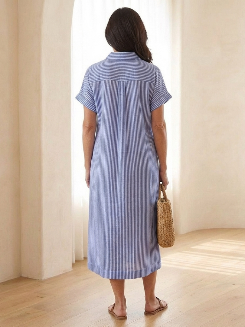 Stylish short sleeve striped midi dress with a button front and practical pockets for everyday casual wear.