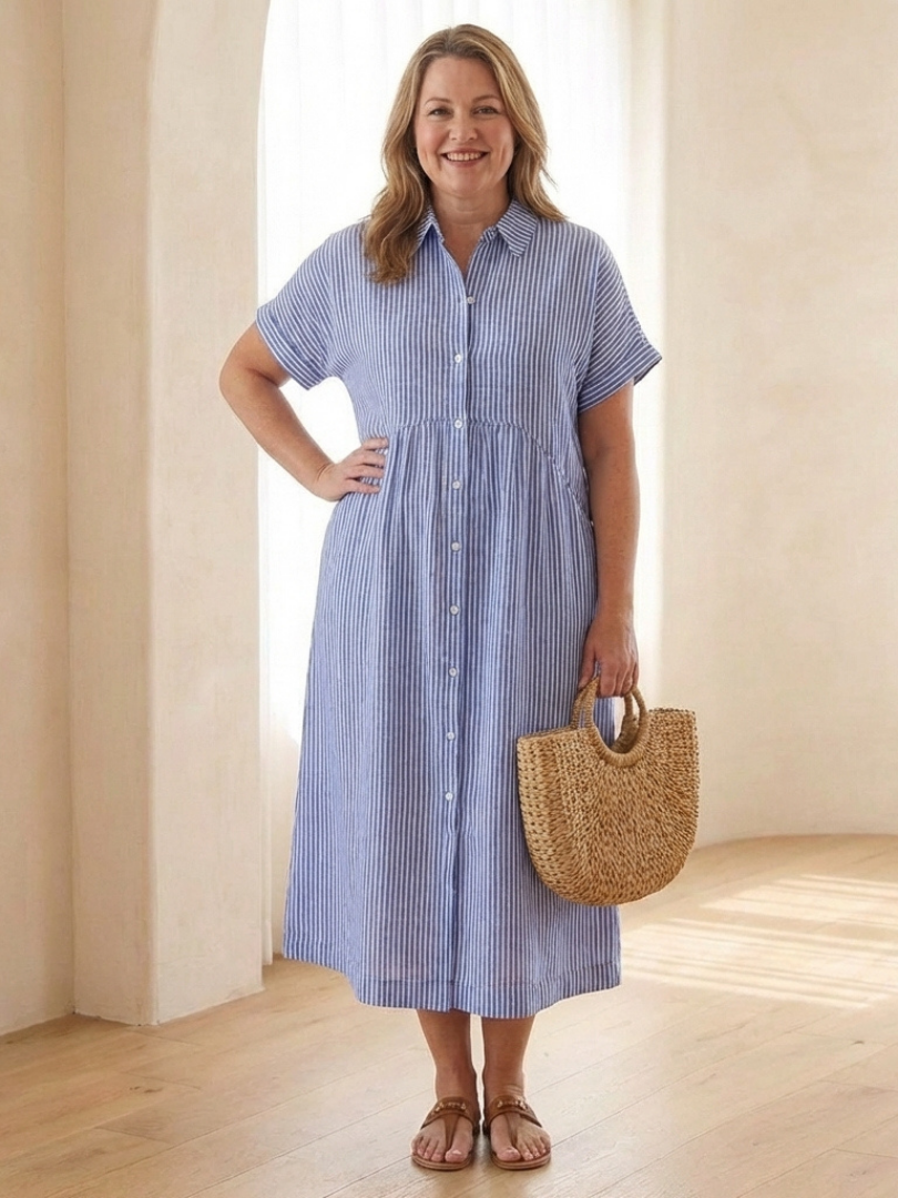 Comfortable women's striped short sleeve midi dress with full button front, perfect for vacation or spring outings.