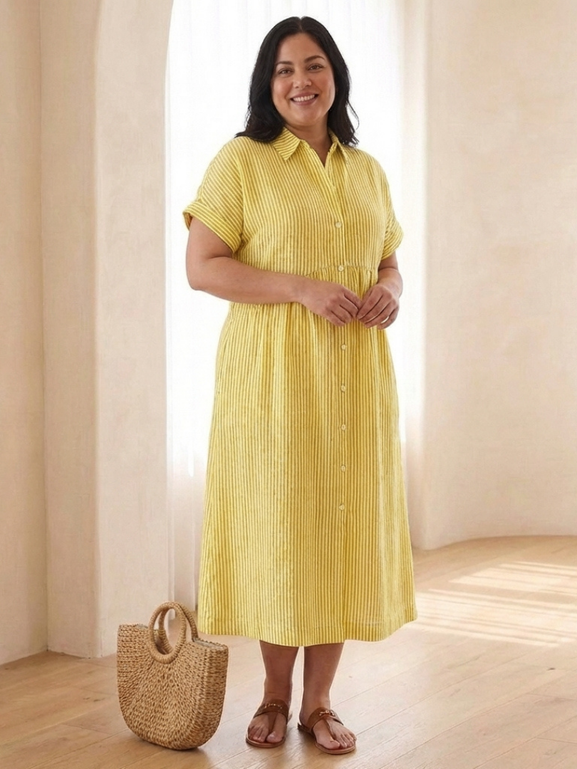 Classic women's striped short sleeve midi dress with a button front, a timeless choice for casual day wear.