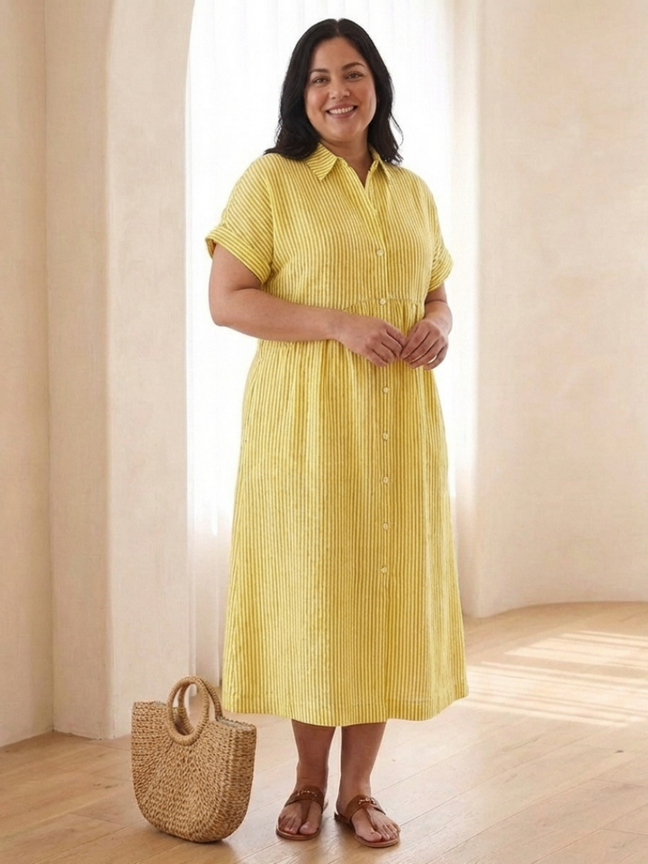 Classic women's striped short sleeve midi dress with a button front, a timeless choice for casual day wear.