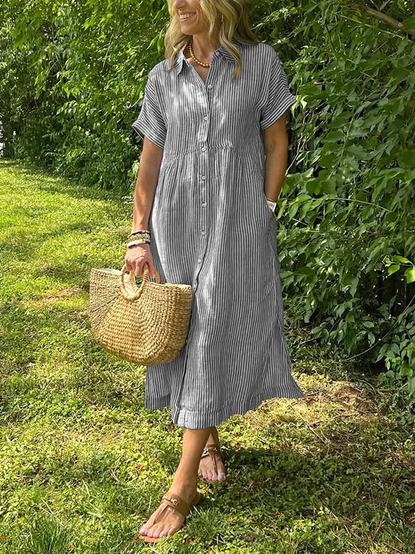 Flowy women's summer midi dress with a striped pattern and convenient button front, perfect for warm days.