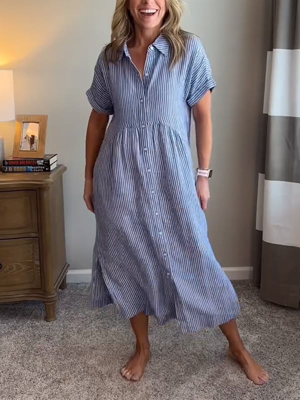 Easy-to-wear women's striped button front midi dress, combining comfort and style for any casual summer occasion.