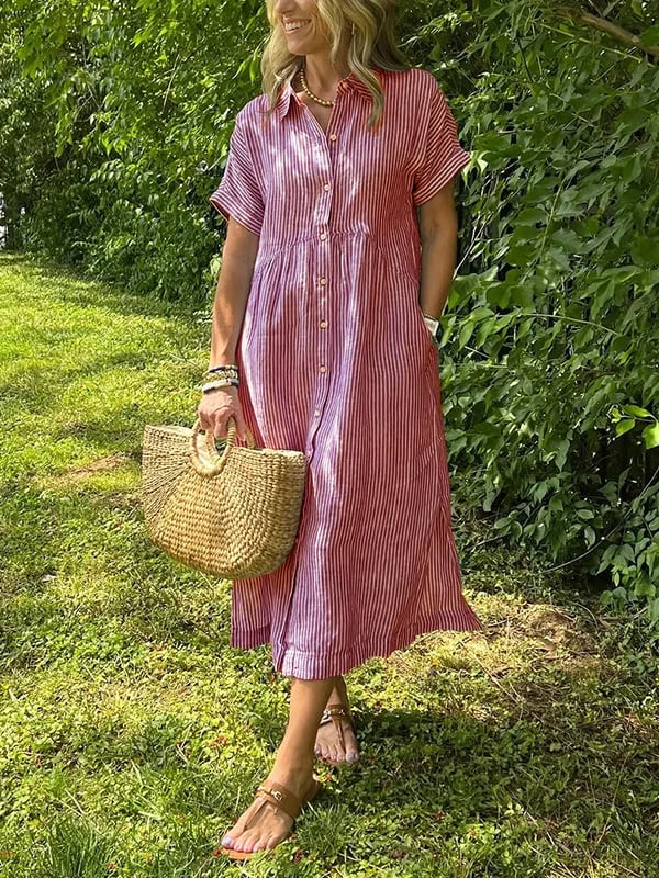 Versatile women's striped button front midi dress, a chic and flowy option for any casual summer outing.