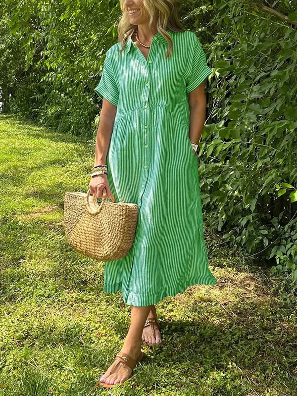 Lightweight & comfortable women's striped midi dress, featuring a stylish button front for summer fashion.