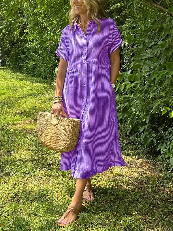 Perfect day dress: Women's striped midi with a practical button front, designed for ultimate summer comfort.