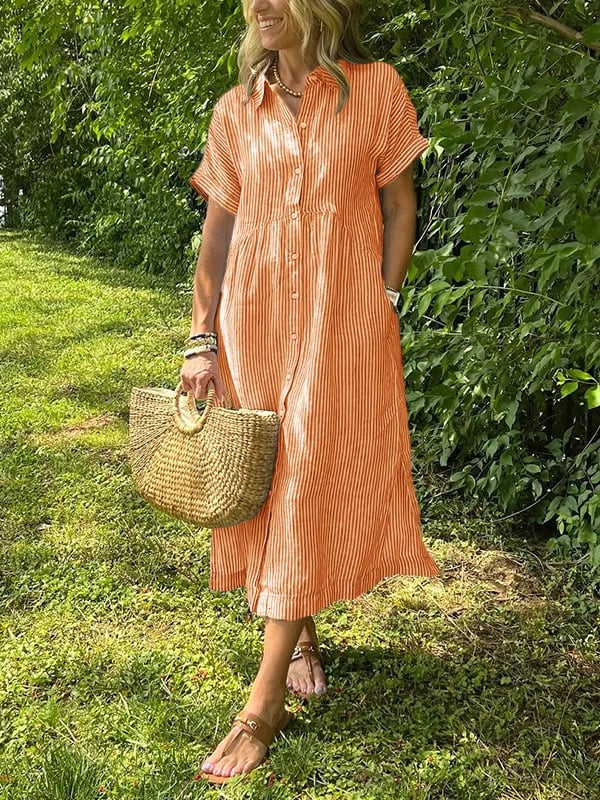 Women's casual striped midi dress with a stylish button front. Essential for a comfortable and flowy summer wardrobe.